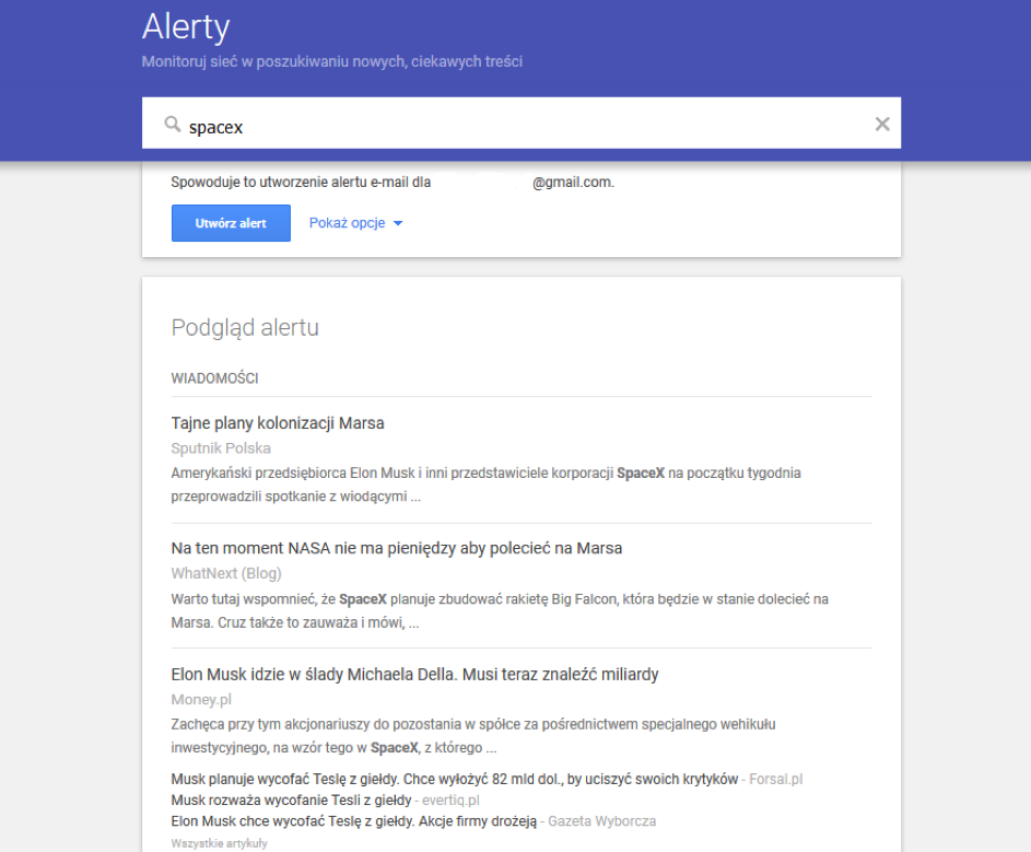 Google Alerts, czyli darmowe narzędzie od Google, pozwalające na śledzenie wszystkich wzmianek pojawiających się w sieci